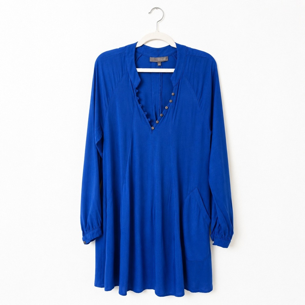 TYSA Tunic Dress‎ Women 0/1 Blue Long Sleeve Henley Button Rayon Pockets Boho